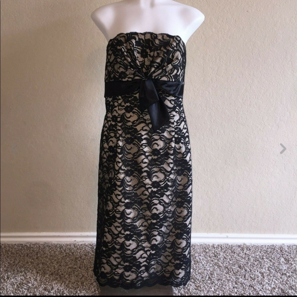 WHBM Nude Black Lace Overlay Strapless Dress 8
